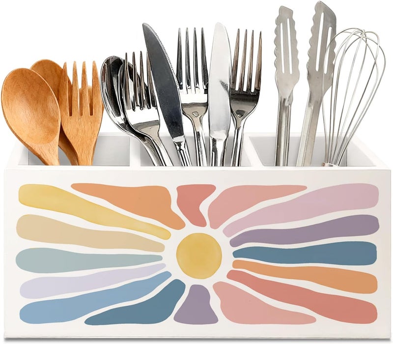 KBRCT Boho Colorful Sun Sunshine Wooden Utensils Holder, Abstract Mid Century Modern Sun Wood Cooking Utensil Holder Organizer for Kitchen Countertop Counter Decor Accessories - Image 1